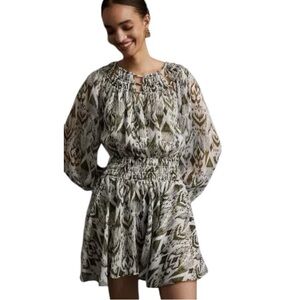 NWT Misa Olive Green White Long Sleeve Geometric Boatneck Mini Dress Reg. $390